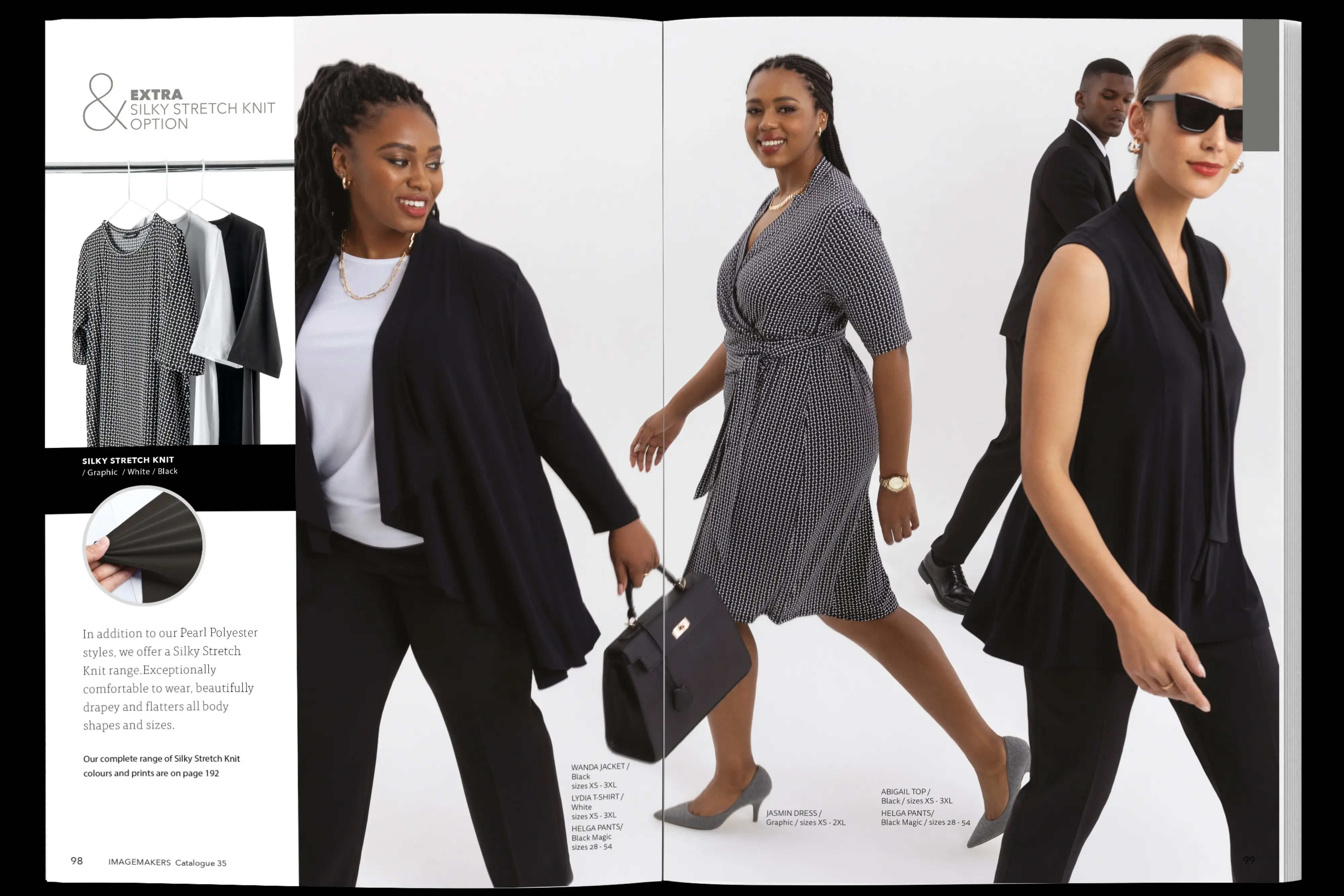 A team of diverse employees wearing black and white coordinated company uniforms