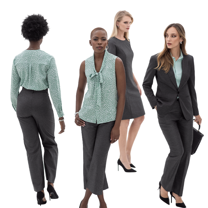 Ladies wearing green and charcoal office wear