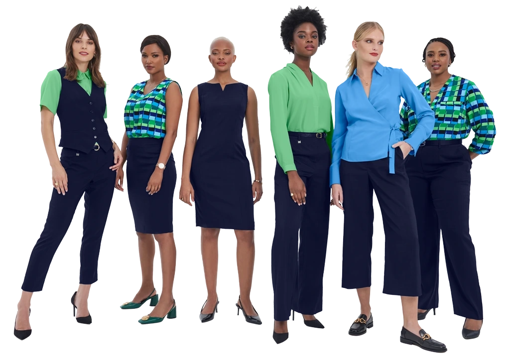 Team of professional women wearing bright coordinated office wear